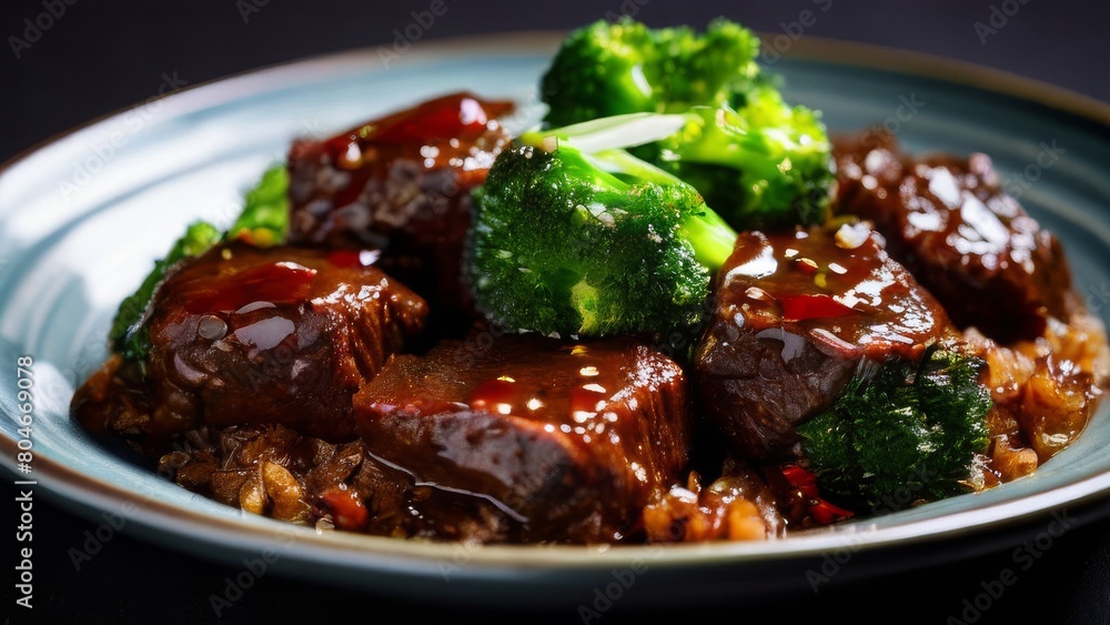 A healthy dish on a plate of green broccoli and beef in sauce with a side dish of white rice. Delicious Asian dish. White plate on a black wooden background. Close-up. A healthy dish on a plate of green broccoli and beef in sauce with a side dish of white rice. Delicious Asian dish. White plate on a black wooden background. Close-up.