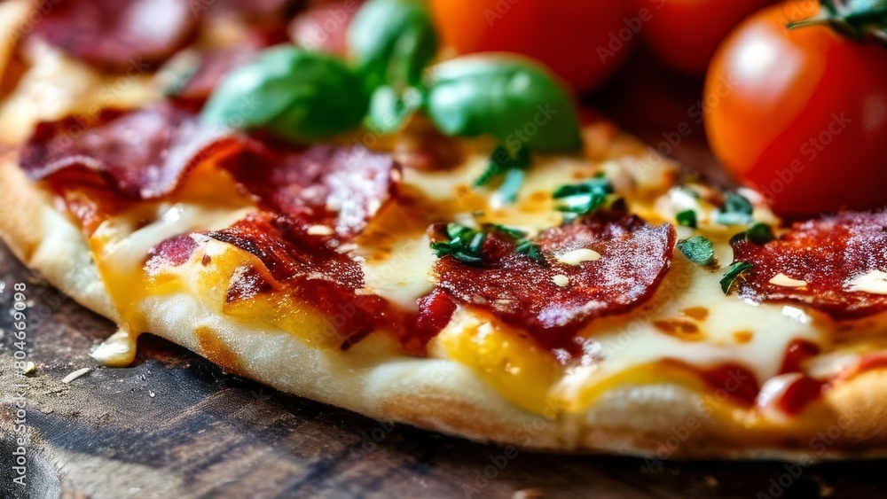 Appetizing pizza with bacon and cheese, cut into pieces on a black wooden background. Traditional Italian dish. Close-up, macro mode. Appetizing pizza with bacon and cheese, cut into pieces on a black wooden background. Traditional Italian dish. Close-up, macro mode.