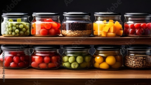 Transparent glass or plastic containers with food preparations for proper nutrition and saving money. Health, nutrition, preparations. Black background.