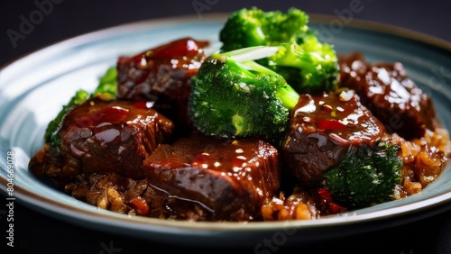 A healthy dish on a plate of green broccoli and beef in sauce with a side dish of white rice. Delicious Asian dish. White plate on a black wooden background. Close-up.