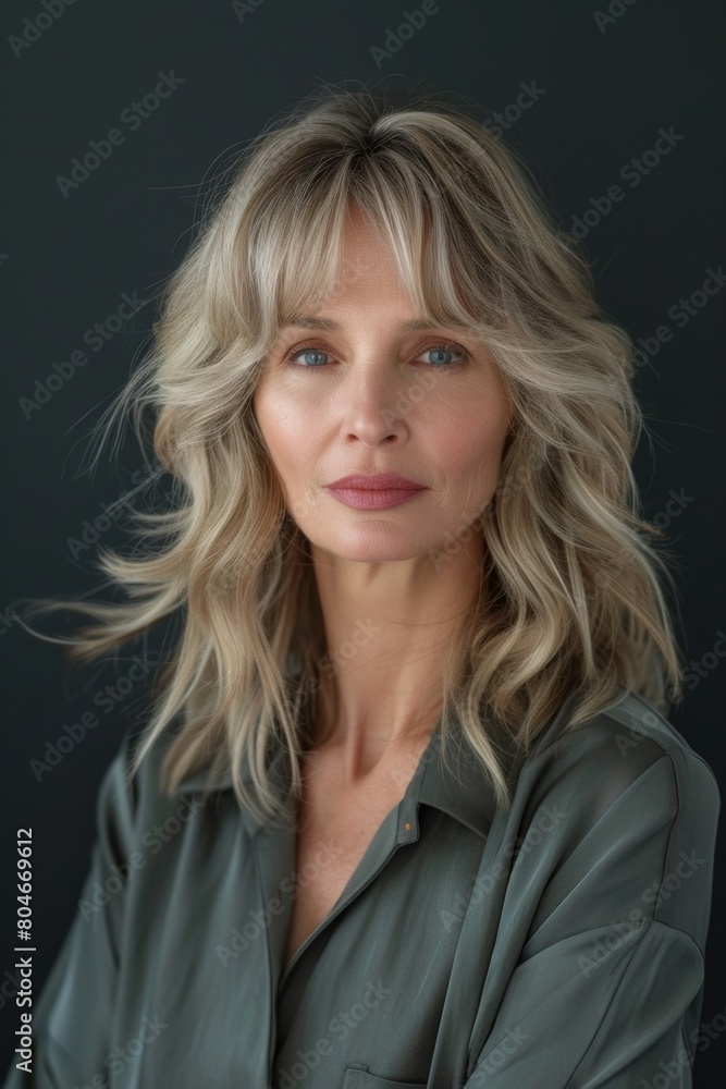 a model that is 50 years old with soft side-swept hairstyle with bangs a model that is 50 years old with soft side-swept hairstyle with bangs