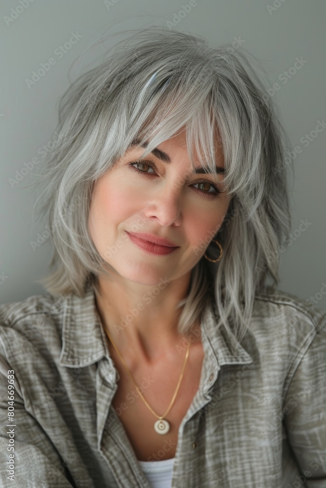 a model that is 50 years old with soft side-swept hairstyle with bangs a model that is 50 years old with soft side-swept hairstyle with bangs