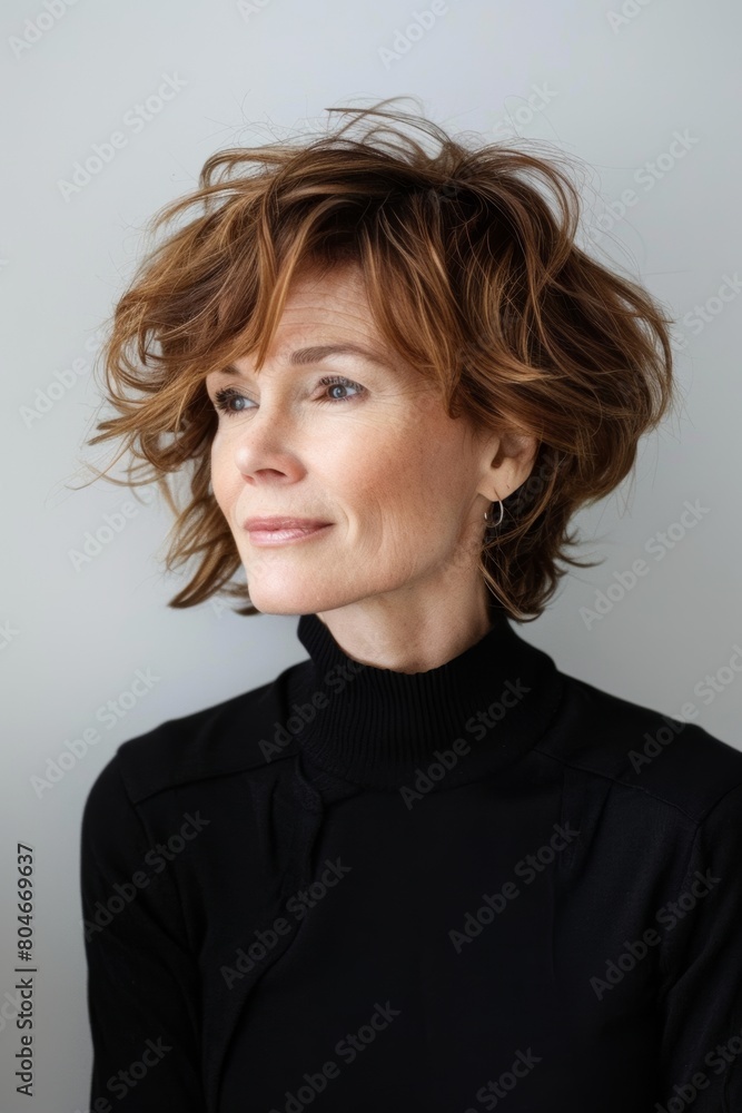 a model that is 50 years old with soft side-swept hairstyle with bangs a model that is 50 years old with soft side-swept hairstyle with bangs