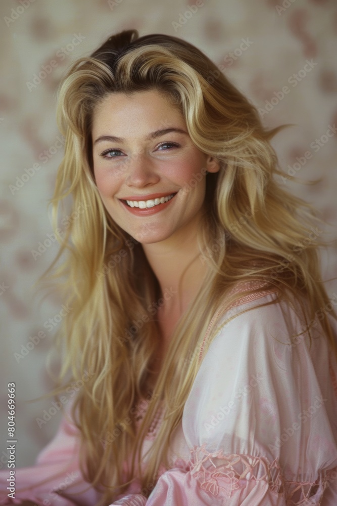 Fototapeta premium A photograph of an attractive woman with long blonde hair, wearing pink and white