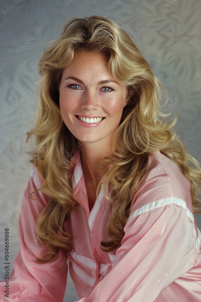 A photograph of an attractive woman with long blonde hair, wearing pink and white A photograph of an attractive woman with long blonde hair, wearing pink and white