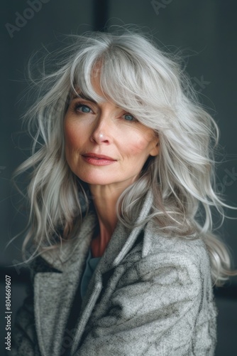 a model that is 50 years old with soft side-swept hairstyle with bangs