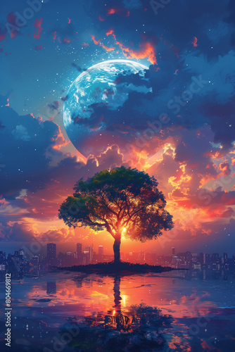 Concept of power and development. Big tree on backgrouns of cityscape and big moon, vertical illustration photo