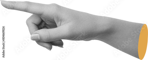 Black and white grained Caucasian woman's hand pointing finger to side, modern collage element on transparent background, yellow cut