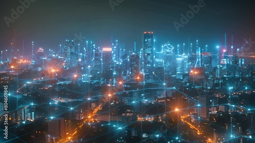 Wallpaper Mural A sprawling cityscape illuminated with neon lights and digital network connections. Torontodigital.ca