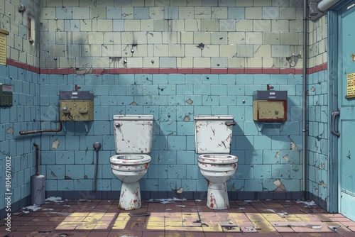 Dirty and vandalized public restrooms with graffiti-covered walls and worn fixtures portray neglect