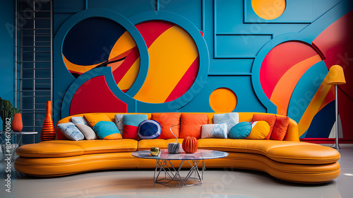 A vibrant sofa in a room with abstract geometric shapes epitomizes the postmodern Memphis style interior design of a modern living room
