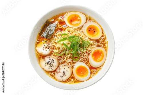 Ramen noodle soup with eggs isolated on transparent background.