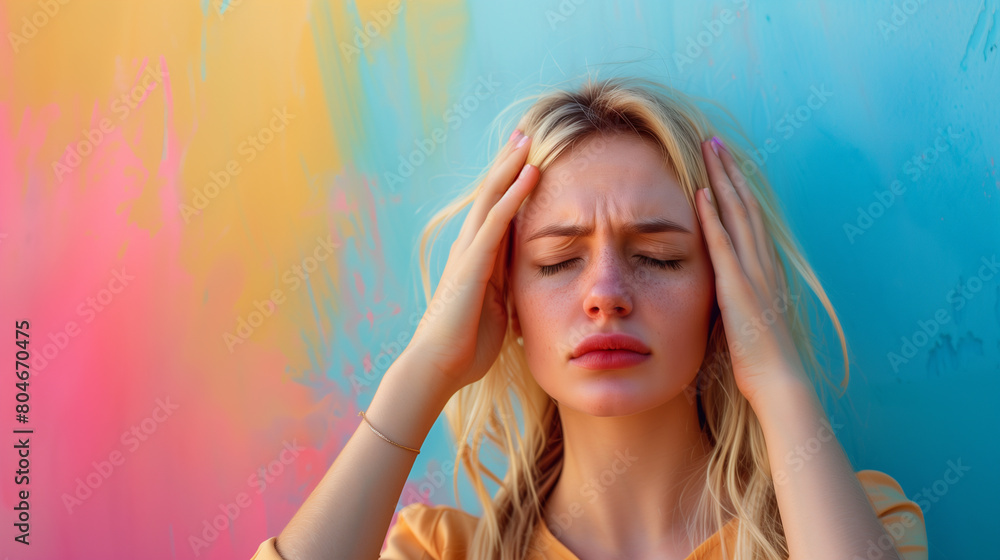 Blonde Girl with Headache Against Colorful Background - Pain, Stress, Health, Wellness Concept