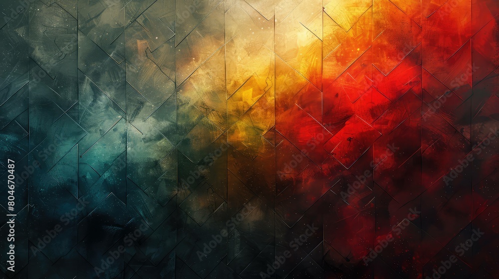 A colorful abstract painting with a blue, red, and yellow background