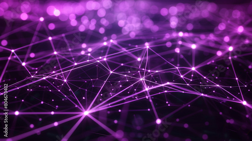 Rich purple matrix of digital connections with light beams representing data transfer in a futuristic network visualization. © Aleza