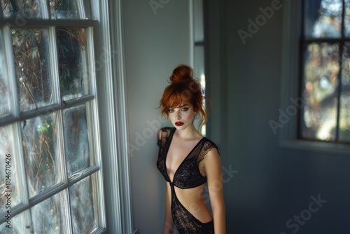 Redhead woman in black lingerie leaning against a wall