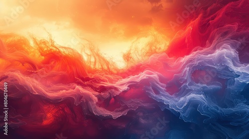 A colorful, swirling mass of red, blue, and yellow