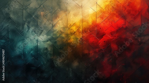 A colorful abstract painting with a blue, red, and yellow background