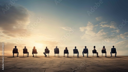 A group of people are sitting in chairs on a desert plain