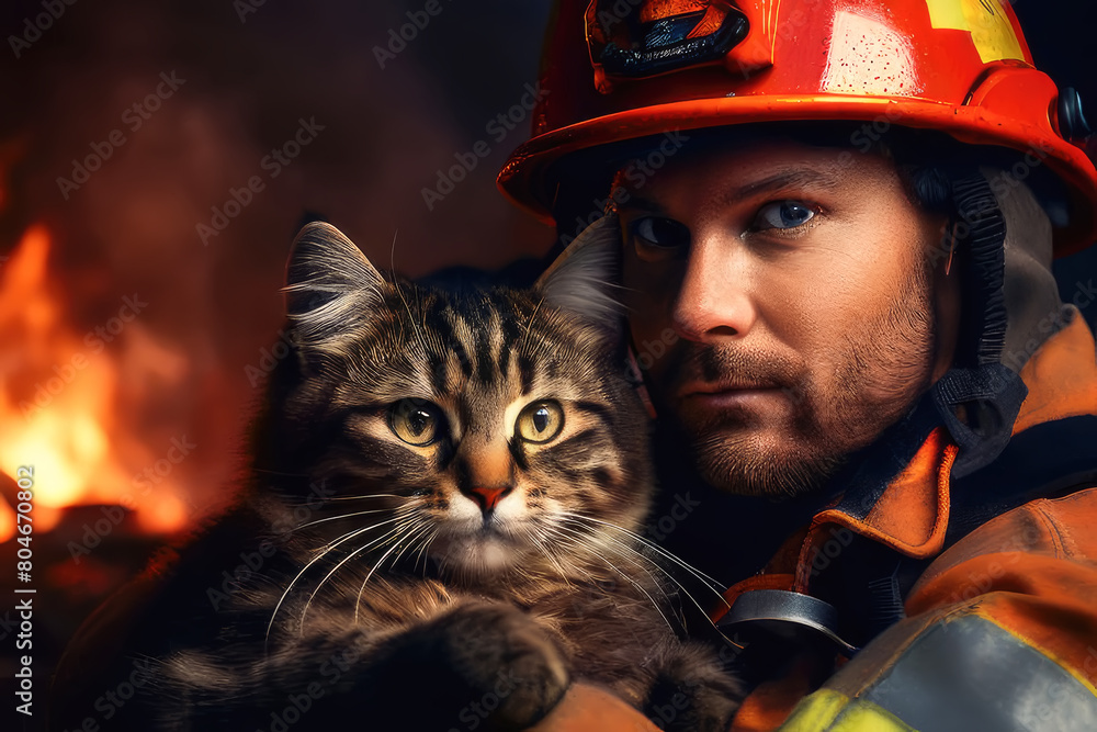 Firefighter holding scared animal to save him in fire and smoke, Firemen rescue the cat from the fire.