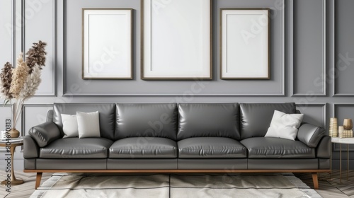 Frame living room wall mockup, with gray leather sofa and decorations on the wall and frame panel background. © RIZAL