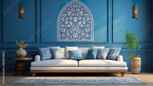 A white sofa near a blue motifs patterned wall, whether boho or eclectic, brings a touch of bohemian luxury to the modern living room interior design