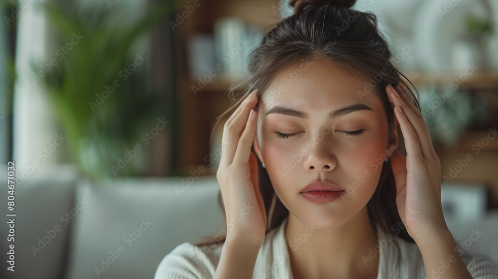 Stressed young Woman Holding Head with Headache in Cozy Living Room - Health and Wellness Concept Stressed young Woman Holding Head with Headache in Cozy Living Room - Health and Wellness Concept