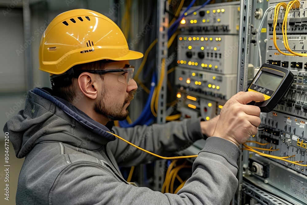 Electrical engineer using digital multimeter measuring equipment to checking electric current voltage at circuit breaker and cable wiring system in main power distribution board Electrical engineer using digital multimeter measuring equipment to checking electric current voltage at circuit breaker and cable wiring system in main power distribution board