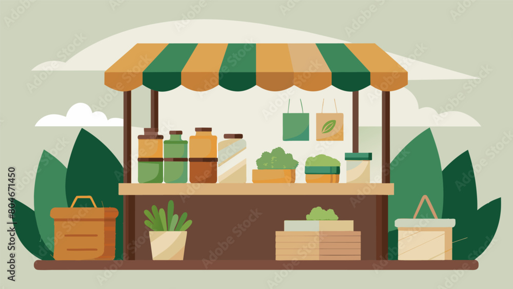 A stall filled with unique ecofriendly wrapping supplies like plantable seed paper reusable cloth ribbons and handcarved wooden stamps.. Vector illustration A stall filled with unique ecofriendly wrapping supplies like plantable seed paper reusable cloth ribbons and handcarved wooden stamps.. Vector illustration