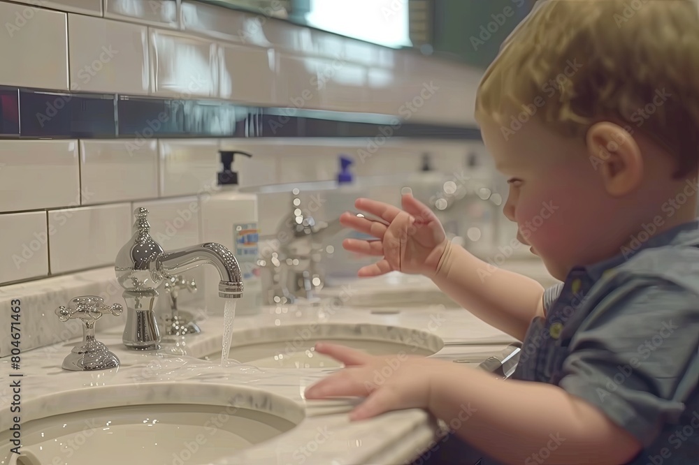 the child washes his hands with soap and foam. Children's hands in the frame. Real context the child washes his hands with soap and foam. Children's hands in the frame. Real context