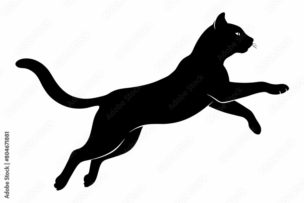 Cat jumping silhouette black on white background