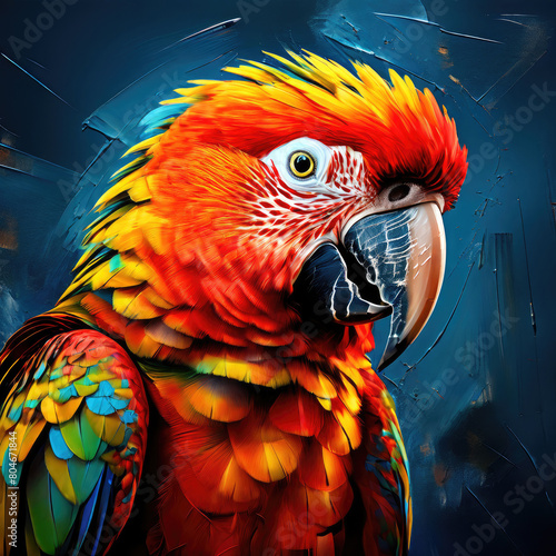 Bright art painting of a parrot bird. Wall art, greeting card, advertisement, web design element. photo