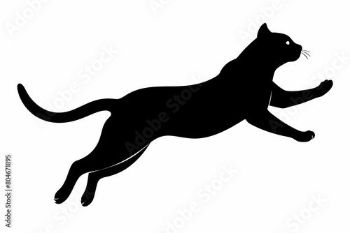 Cat jumping silhouette black on white background