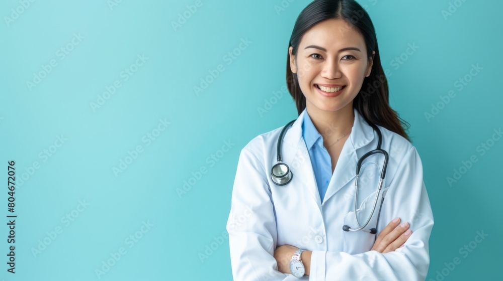 Portrait of asian middle age female doctor with stethoscope on blue background. Space for text Portrait of asian middle age female doctor with stethoscope on blue background. Space for text