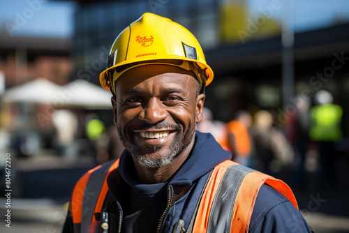 Construction, building and construction worker, man and smile in portrait, employee at construction site with work vest and safety helmet. Working, architecture industry and renovation job. 