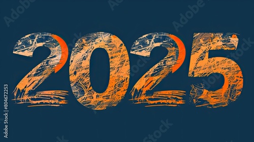 A grunge-style graphic of the year 2025 in bold orange and white colors