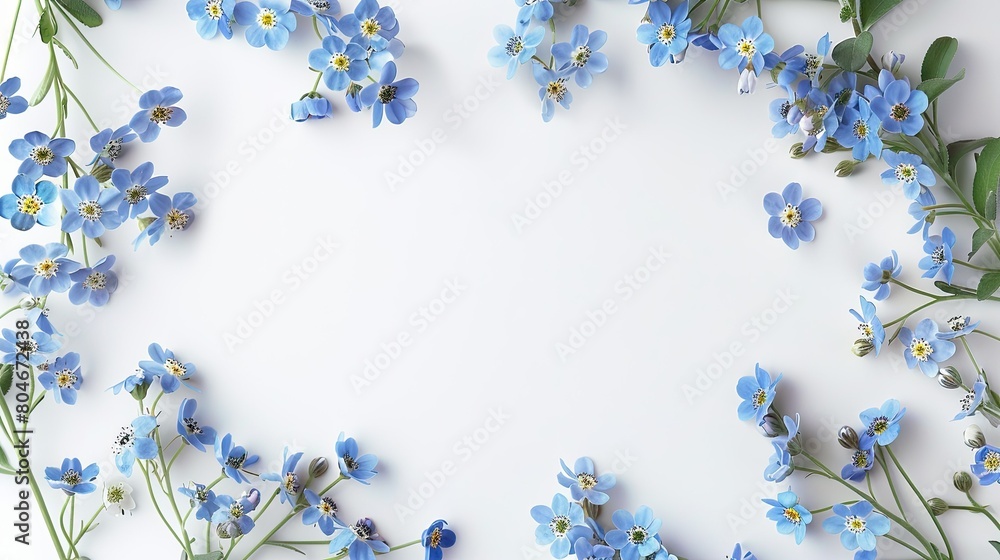 A top down view of delicate blue forget me not flowers set against a crisp white backdrop providing a blank canvas for your text