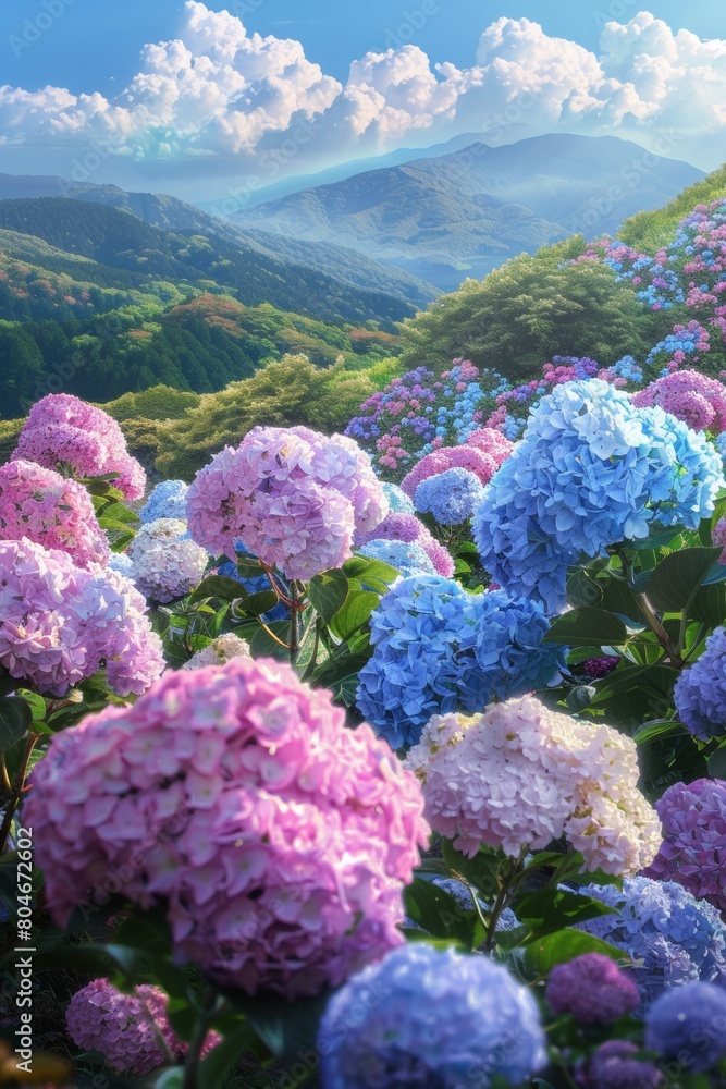 The hydrangeas are all over the hills, pink, blue, white, purple. The hydrangeas are all over the hills, pink, blue, white, purple.