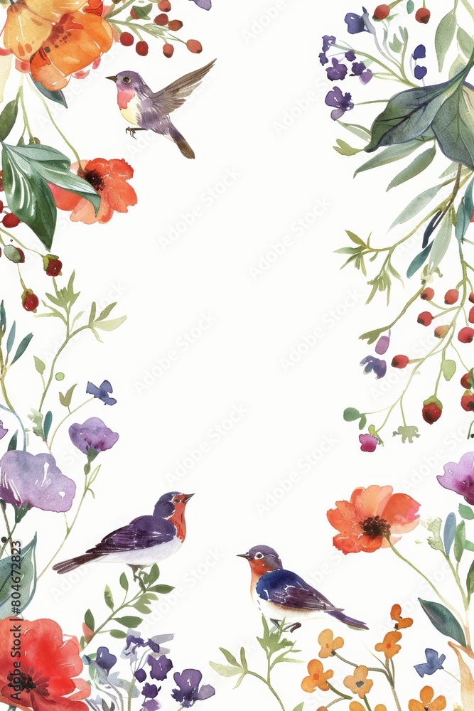 watercolor, flower and bird pattern border frame, white background, orange color scheme 