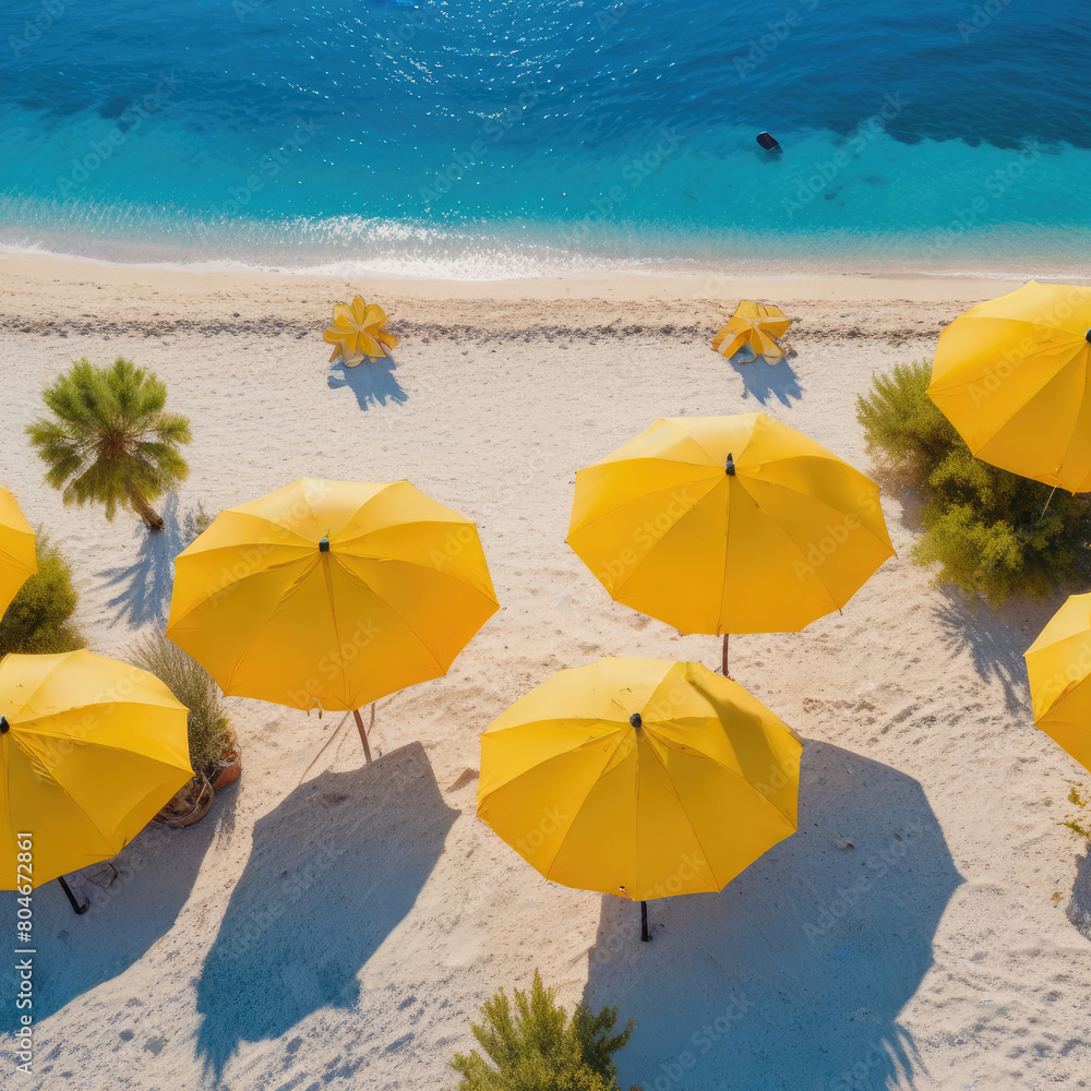 Beach with bright yellow umbrellas.