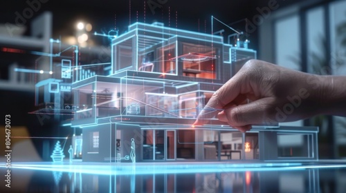 An architect uses a holographic interface to design a smart home