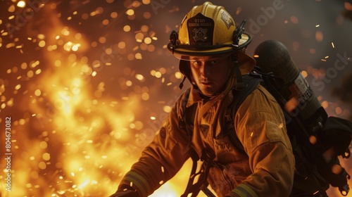 Portrait of firefighter wearing safety gear and walking at place surrounded with smoke and prepare to put out fire. Close up of energetic officer wearing protective cloth and survive in fire. AIG42.