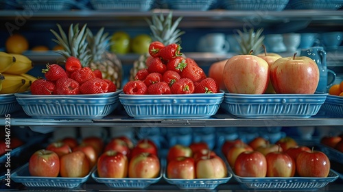   A variety of apples and strawberries displayed in blue bowls with pineapples on top