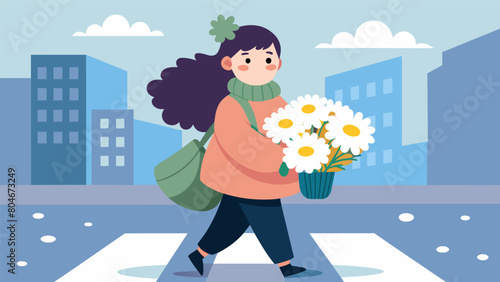Wearing a fluffy sweater and carrying a bouquet of daisies a soft girl crosses a busy intersection the bright flowers adding a touch of sweetness to.