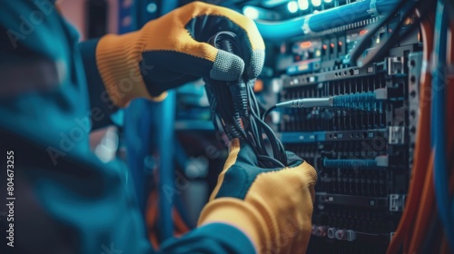 Close up of fiber optic connection repairs and maintenance performed by internet technicians