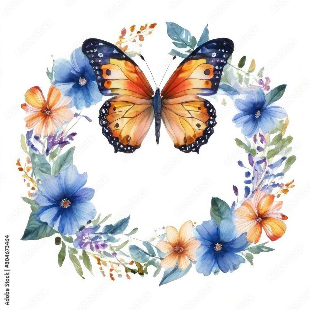 Obraz premium Colorful butterfly framed by a flowers watercolor illustration.