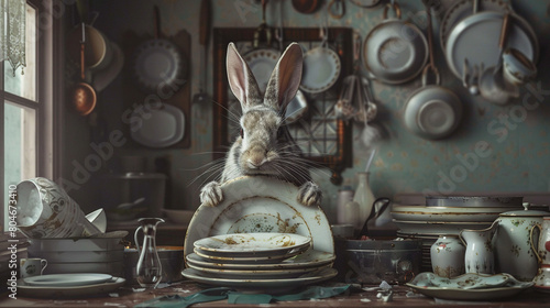   A rabbit perched atop a mound of soiled plates within a cluttered kitchen