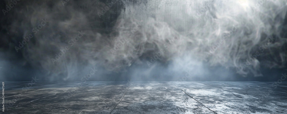 Smokey abstract background with concrete floor, featuring metallic sheen