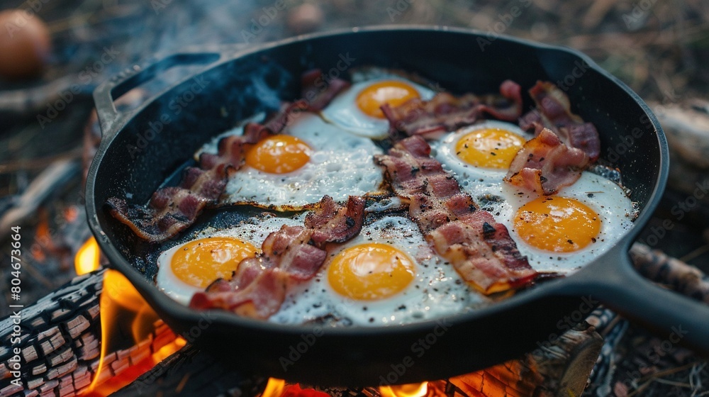Eggs and bacon sizzling in a cast iron skillet amidst a campfire backdrop Eggs and bacon sizzling in a cast iron skillet amidst a campfire backdrop