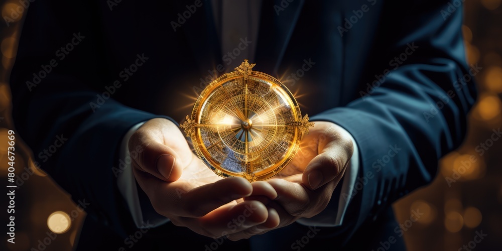 A man is holding a golden compass in his hand